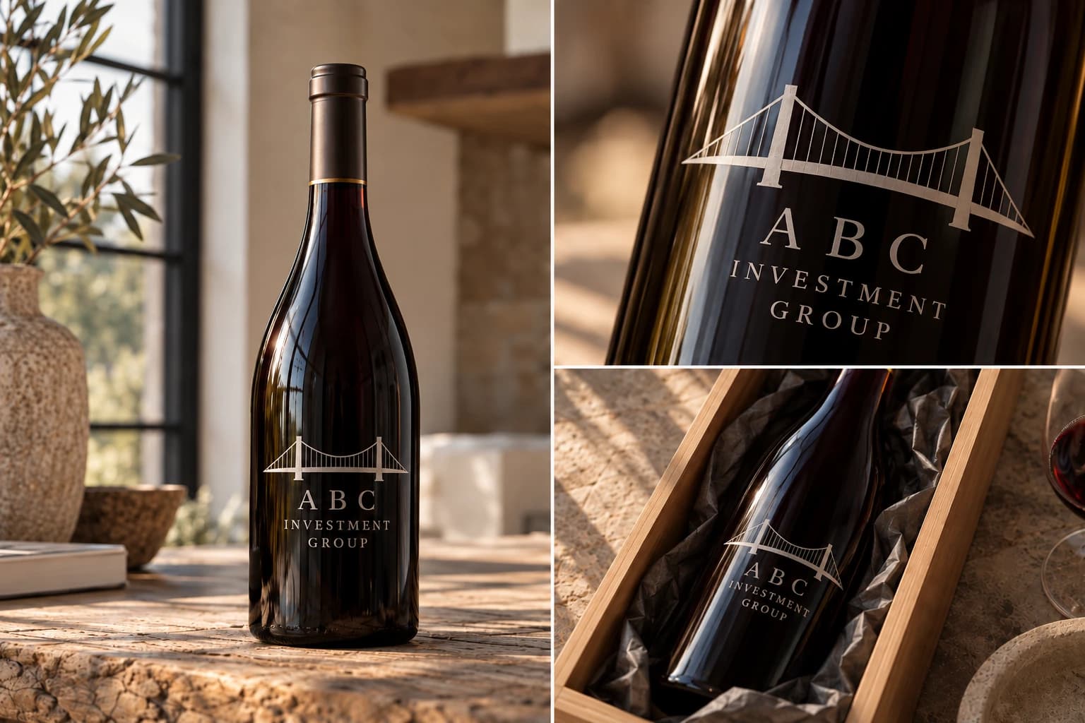 A Pinot Noir bottle etched with a company logo, a close-up of the etching, and the bottle in a wooden gift box